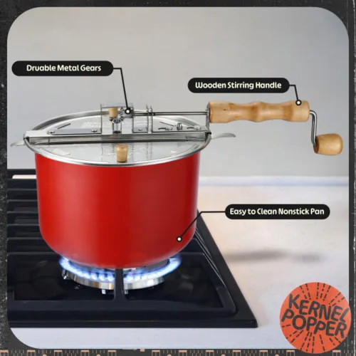 Miniatura 2 de Great Northern Popcorn Maker - Molde de 6.5 cuartos de galón con manivela de madera y agitador interno de granos de maíz (rojo)