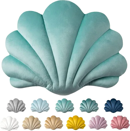 Ashler - Almohadas 3D con forma de concha, cojín de terciopelo suave incluido para sofá, cama, sala de estar, paquete de 1, turquesa, 18 x 13