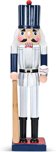 Ornativity Cascanueces de jugador de béisbol navideño – Figura de jugador de béisbol con uniforme de rayas finas blancas y bate, decoración navideña