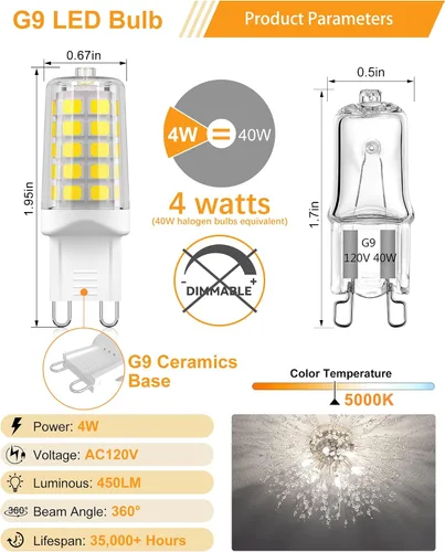 Miniatura 2 de Paquete de 10 bombillas LED G9, bombillas de araña T4 equivalentes a 40 vatios, 4W 5000K luz blanca diurna 450 lúmenes no regulables, base bi-pin G9