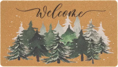 Felpudo de bienvenida de pino verde invierno para interiores y exteriores e interiores de fibra de coco artificial - Alfombras de temporada para
