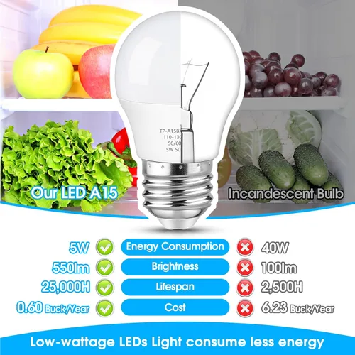 Miniatura 6 de Maylaywood Bombilla LED para refrigerador, equivalente a 40 W, bombilla A15 para nevera, impermeable, luz blanca diurna 5000K, base E26 de 550