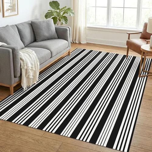 Miniatura 25 de KOZYFLY Alfombra a rayas blancas y negras de 2 x 3 pies, tejido de algodón, lavable, para interiores y exteriores, alfombra pequeña para puerta