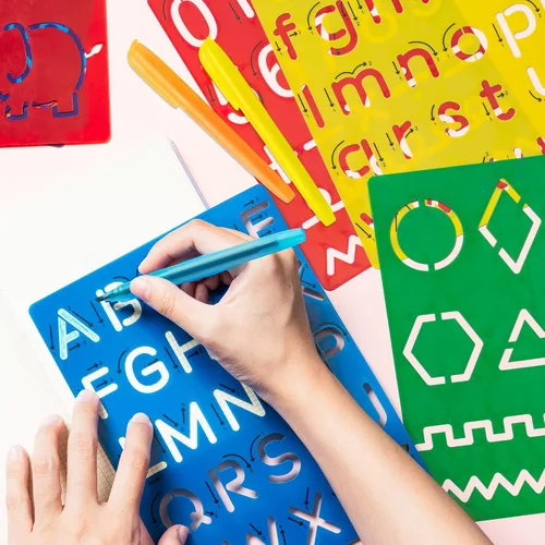 Miniatura 5 de Juego de 22 plantillas de trazado del alfabeto para niños, plantillas de dibujo con resaltador de color, letras y números y bonitos tableros