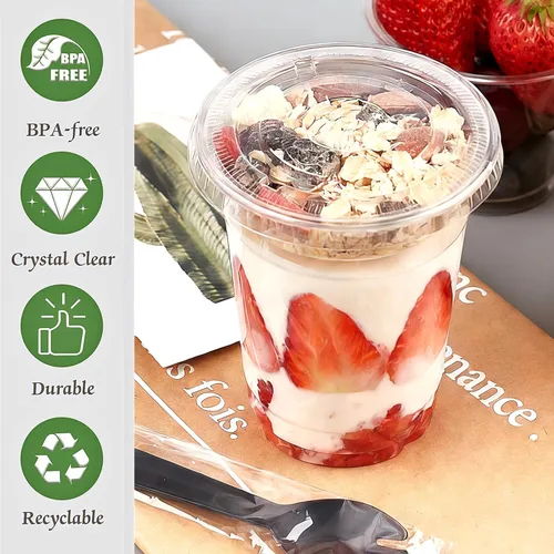 Miniatura 4 de Zezzxu Paquete de 50 tazas desechables de parfait de 12 onzas con tapas sin agujero, compartimento para coberturas y tenedor, yogur conatiner con 12
