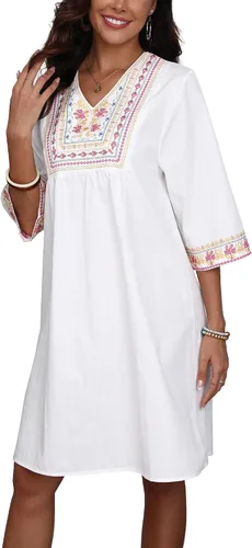 Miniatura 4 de Higustar Mini vestidos de verano de algodón blanco para mujer, estilo mexicano, estilo bohemio, vestido tipo babydoll para mujer