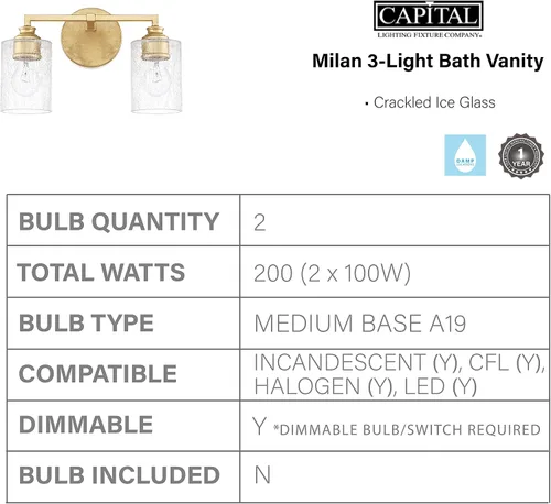 Miniatura 3 de Capital Lighting 120521CG-422 Milan - Soporte de pared para tocador de baño de vidrio helado, 2 luces, 200 vatios en total, 9 pulgadas de alto x 13