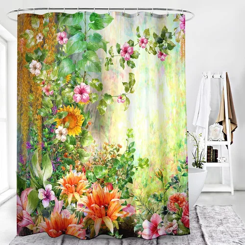Miniatura 3 de Cortina de ducha floral acuarela abstracta hojas verdes prado tela de poliéster juego de cortina de ducha de baño decoración con ganchos, 72 x 72
