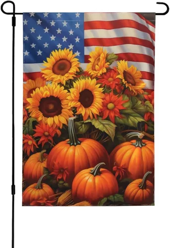 Bandera de Estados Unidos, calabazas y girasoles, bandera de jardín, otoño, vacaciones, bienvenida, patio, granja, exteriores, banderas decorativas