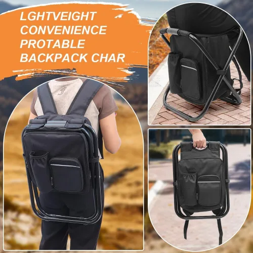 Miniatura 7 de YESIACE Taburete plegable portátil para acampar, mochila con bolsa refrigeradora, asiento de senderismo, pesca al aire libre, regalos de caza, negro