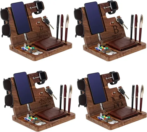 Miniatura 3 de awofer Estación de acoplamiento de madera, organizador de mesita de noche grabada personalizada, mesita de noche con soporte para teléfono, soporte