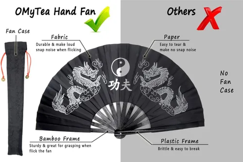 Miniatura 7 de OMyTea Ventilador de mano plegable grande de bambú para hombres y mujeres, ventilador de mano chino japonés de Kung Fu Tai Chi con funda de tela