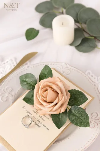 Miniatura 18 de N&T NIETING Flores artificiales, rosas artificiales de color rosa intenso, 50 piezas de flores falsas con tallo para ramos de boda DIY, centros