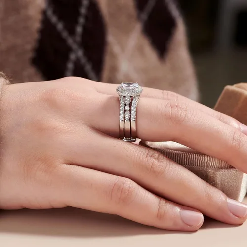 Miniatura 7 de Newshe Jewellery Juego de anillos de compromiso ovalados para mujer AAAAA con circonita cúbica 925 de plata de ley 925, juego de anillos de novia
