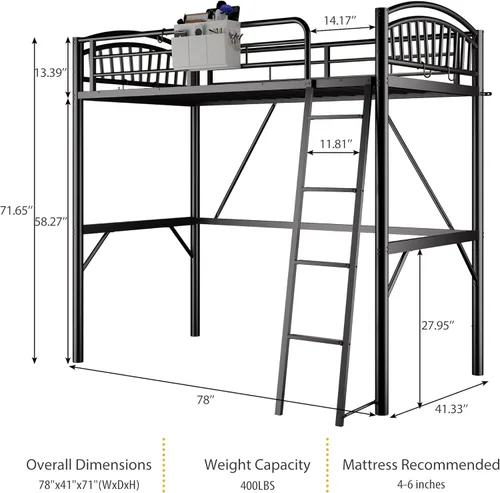 Miniatura 2 de Decofy - Cama elevada de metal tamaño individual, cama elevada con cajón lateral, escalera convertible y barandillas de seguridad de longitud