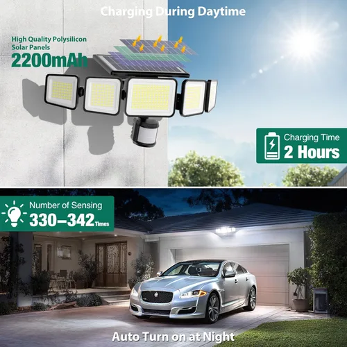 Miniatura 3 de Luces solares para exteriores, 4000LM con 5 cabezas, sensor de movimiento, 236 LEDs, 3 modos, luces de pared de seguridad IP65 impermeables, luces