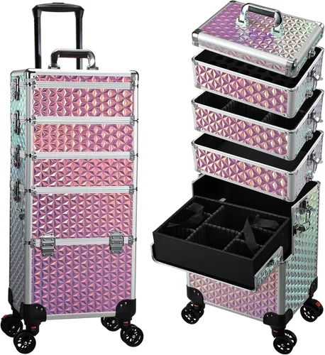 Miniatura 9 de Yueieoun Maletín de Maquillaje Profesional 5 en 1 con Ruedas, Estuche de Cosméticos Extra Grande de Aluminio Rodante Trolley de Maquillaje Negro Air