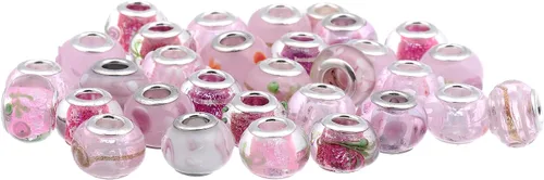 Miniatura 2 de RUBYCA Mezcla Rosa Murano Lampwork Cristal Bead Rondelle Pulsera Encanto Europeo Color Plata 30pcs