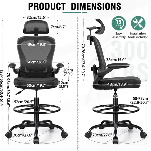 Miniatura 2 de Silla de Dibujo, Silla de Oficina Alta con Soporte Lumbar y para la Cabeza 3D, Silla Ergonómica de Malla para Escritorio de Pie con Reposapiés, Negro