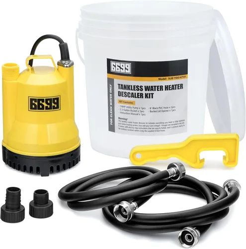 Kit de limpieza y descalcificación para calentadores de agua sin tanque 6699 Incluye bomba sumergible de uso general con adaptadores, cubeta de 3