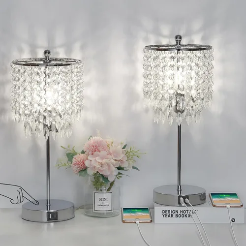 Miniatura 7 de Juego de 2 lámparas de mesa de cristal, lámpara de mesa de noche regulable de 3 vías con 2 puertos de carga USB, lámpara de noche dorada