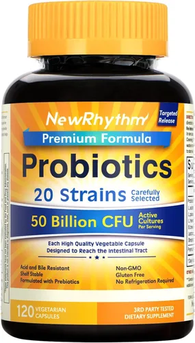 Miniatura 10 de NewRhythm Probióticos 50 mil millones de UFC, 20 cepas, 60 cápsulas vegetales, tecnología de liberación dirigida, resistente al ácido estomacal, sin