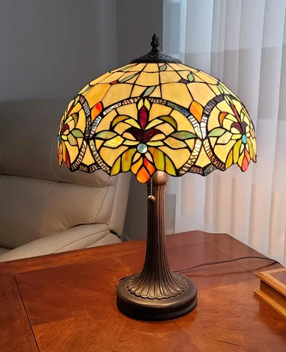 Lámpara de mesa estilo Tiffany Banker de 23 pulgadas de alto, vitral, verde, bronceado, naranja, amarillo, floral, vintage, decoración de luz