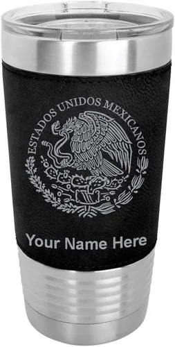 LaserGram Vaso aislado al vacío de 20 onzas, bandera de México, grabado personalizado incluido (piel sintética, negro)
