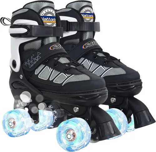 Nattork Patines de ruedas para niños y niñas, 4 tamaños ajustables con ruedas iluminadas para niños principiantes para interiores y exteriores Negro