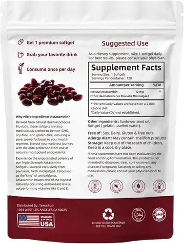 Miniatura 8 de Zions Astaxantina orgánica de 12 mg, vitaminas para la piel de triple fuerza para mujeres con actividad antioxidante, apoya la salud inmunológica