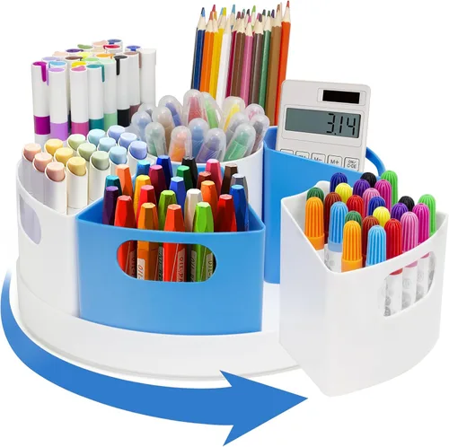 Organizador giratorio de suministros de arte para niños, 7 cubos organizadores de marcadores de crayón para escritorio escolar, soporte para lápices