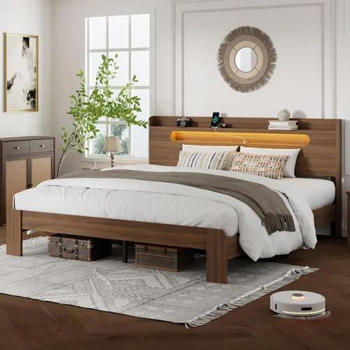 Miniatura 9 de Base de cama tamaño matrimonial con cabecera de almacenamiento, base de cama de plataforma con estación de carga y luces LED, listones de madera