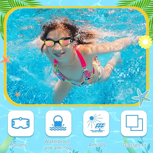 Miniatura 4 de Flutesan Paquete de 3 gafas de natación sin fugas, de silicona, antivaho con clip para la nariz, tapones para los oídos para adultos y niños, 3