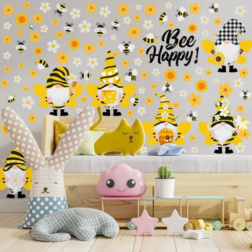 Miniatura 6 de Capoda 167 calcomanías de pared de gnomo de abeja, 6 hojas de calcomanías de pared de gnomo de girasol para ventanas de vidrio, calcomanías
