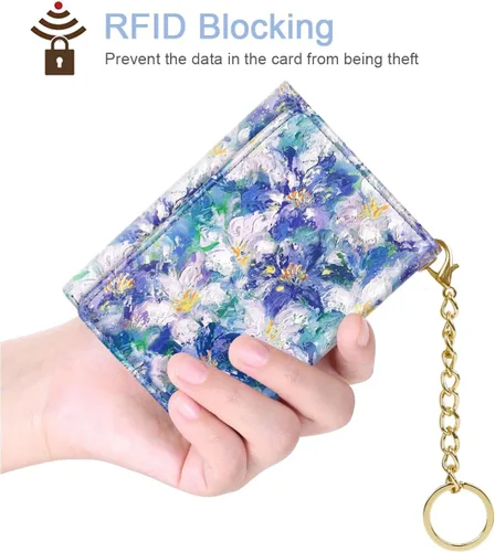 Miniatura 4 de Billetera triple para mujer, pequeña, delgada, con bloqueo RFID, bonito tarjetero de cuero con bolsillo largo para efectivo y llavero, Azul Flores
