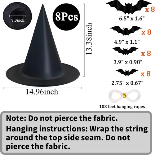 Miniatura 3 de Tepoobea Decoraciones de Halloween, sombreros de bruja negra, paquete de 8 sombreros de bruja colgantes y 32 piezas de murciélagos 3D, decoraciones