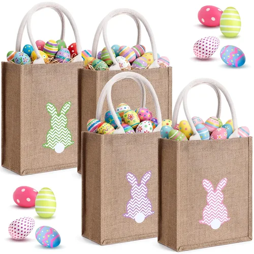 Miniatura 11 de 4 unidades de cesta de conejo de Pascua para niños, bolsas de tela de algodón, vacías personalizadas, cesta de huevos de caramelo, cubos