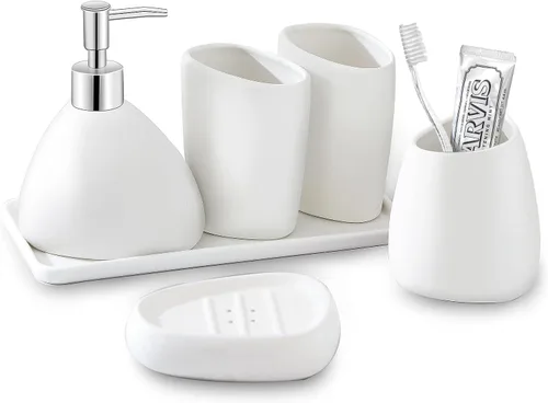 Juego de accesorios de baño de cerámica con bandeja de cerámica, juego de accesorios de encimera de baño de 6 piezas, incluye dispensador de jabón,