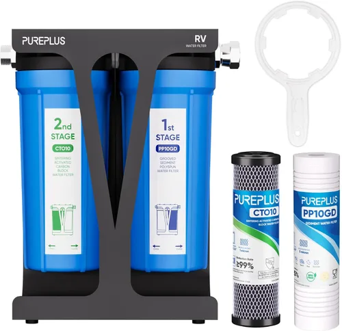 Miniatura 10 de PUREPLUS Sistema de filtro de agua de doble etapa RV con dos cartuchos y soporte de montaje, certificado NSF/ANSI 42, reduce los sedimentos