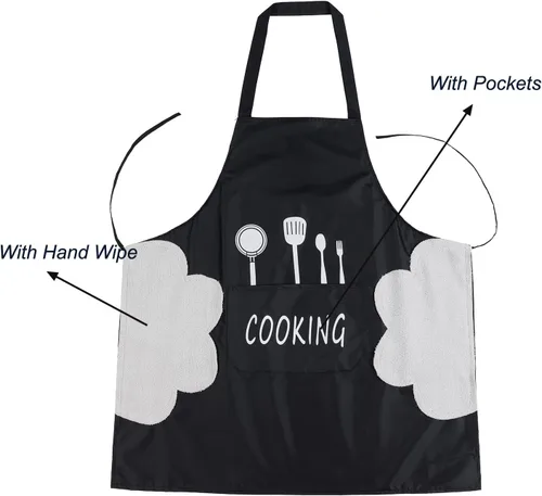 Miniatura 5 de Paquete de 2 delantales de cocina con toallita de mano, resistente a las gotas de agua con 2 bolsillos, delantales de cocina para mujeres y hombres