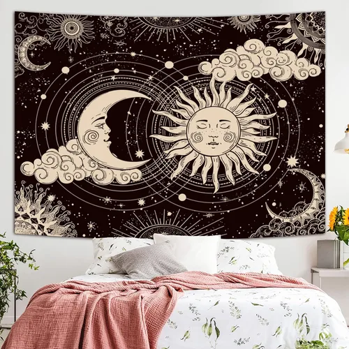 Miniatura 7 de Wonrizon Tapiz de Sol y Luna, Estético Negro Oscuro Tapices Espirituales Místico Sol Ardiente con Nubes Estrella Decoración Colgante de Pared