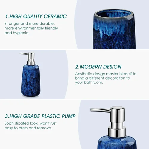 Miniatura 3 de vancasso Juego de accesorios de baño azul, juego de dispensador de jabón de cerámica y soporte para cepillos de dientes, juego de 4 piezas de loza