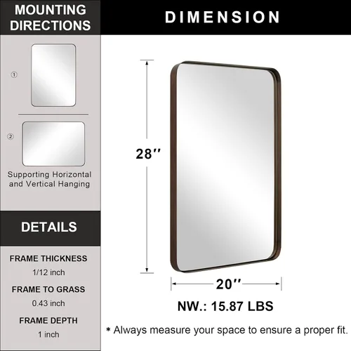 Miniatura 2 de ANDY STAR Espejo de pared para baño, espejo de baño de bronce cepillado de 20 x 28 pulgadas, espejo rectangular redondeado en marco de metal