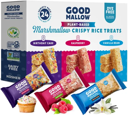 GoodMallow Treats Veganos de Arroz Crujiente Envueltos Individualmente Caja de 24, Aperitivos Veganos Kosher, Aperitivos Sin Gluten Sin Lácteos para