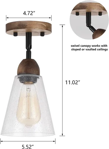 Miniatura 4 de Lámpara de techo rústica de cristal empotrado, mini pantalla de vidrio transparente y madera de roble, lámpara de techo semiempotrada para cocina