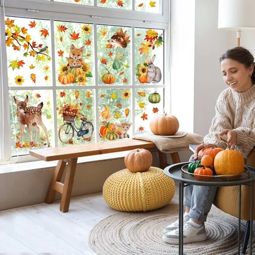 Miniatura 4 de 68 calcomanías de otoño para ventana, de doble cara, hojas de arce de otoño, calabaza, calcomanías para ventana, calcomanías para el hogar, oficina