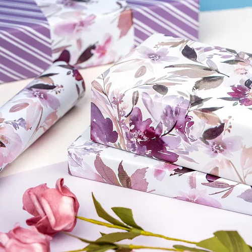 Miniatura 7 de WRAPAHOLIC Papel de regalo floral reversible, mini rollo, 17 pulgadas x 33 pies, diseño floral morado para bodas, cumpleaños, día de San Valentín