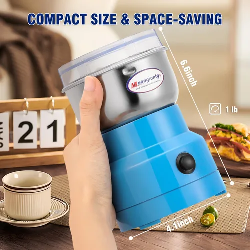 Miniatura 5 de Moongiantgo Molinillo de café eléctrico, mini molinillo de especias, molinillo rápido de 200 W, 10 segundos, molino de grano seco para especias, Azul