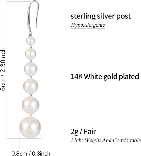 Miniatura 2 de Aretes largos de perlas para mujer, chapados en oro de 14 quilates, aretes colgantes de borla de plata de ley con poste de perlas largas para baile
