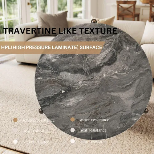 Miniatura 3 de Travertine Texture - Mesa de centro de 31.5 pulgadas moderna de mármol sintético, mesa central de círculo bajo para sala de estar, mesa redonda